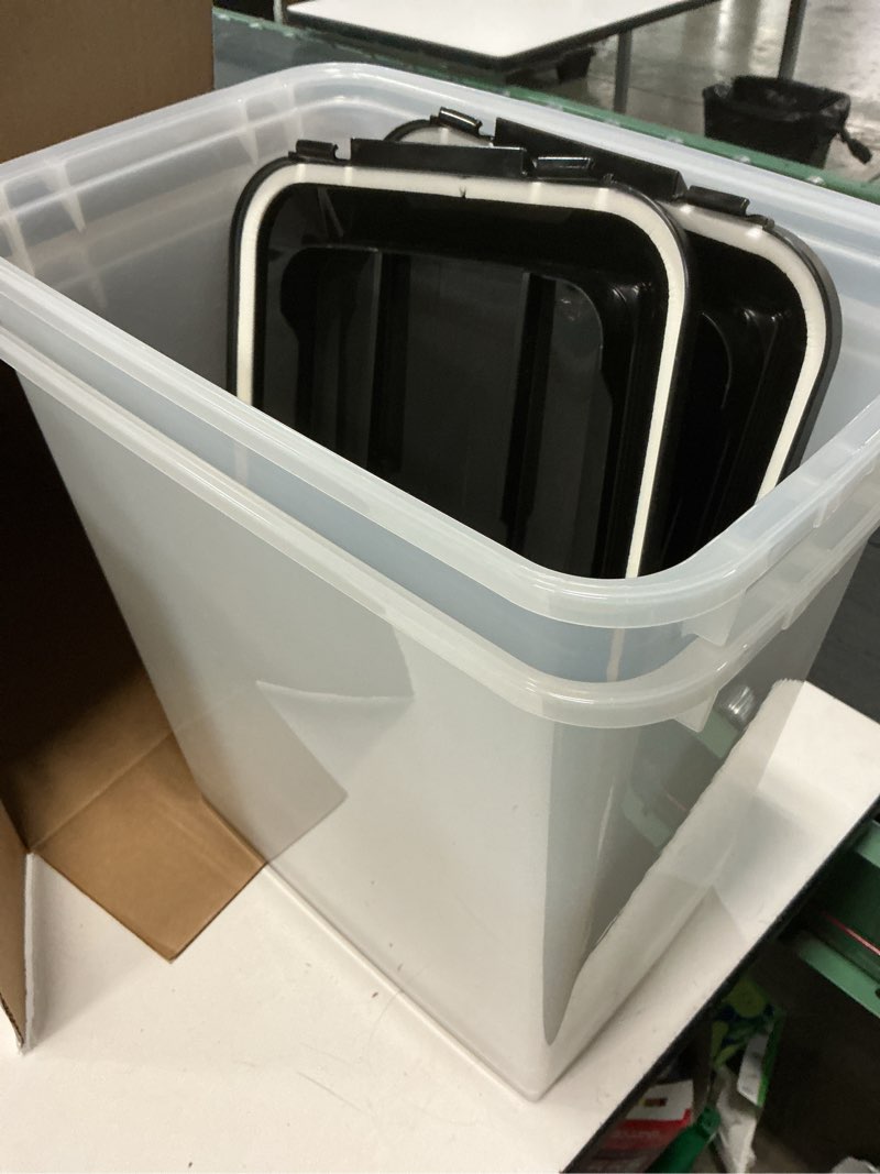 Condition photo showing Good Condition for iris usa dog food storage container, 2 pack, up to 30 lbs each, airtight seal for freshness, wheels for rolling, easy one hand opening, made in usa, bpa free, clear/black 30 lbs - 2 pack black