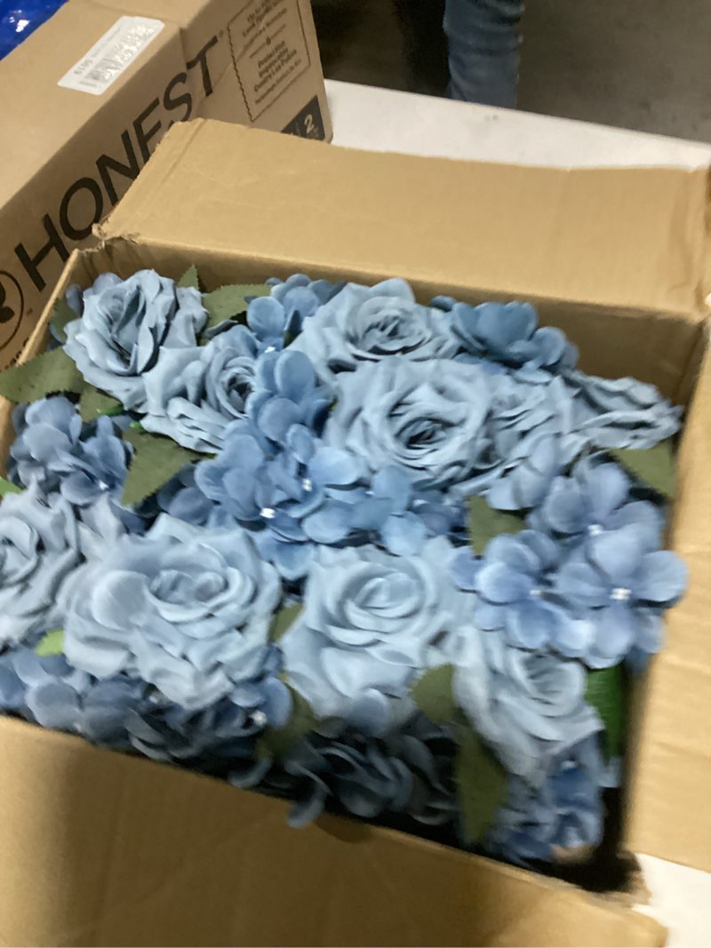 Condition photo showing As Is for flower table centerpieces - set of 6 floral arrangement artificial wedding hydrangeas floral arrangement with rustic metal vase for bridal tea party event decorations - dusty blue dusty blue set of 6 floral arrangement