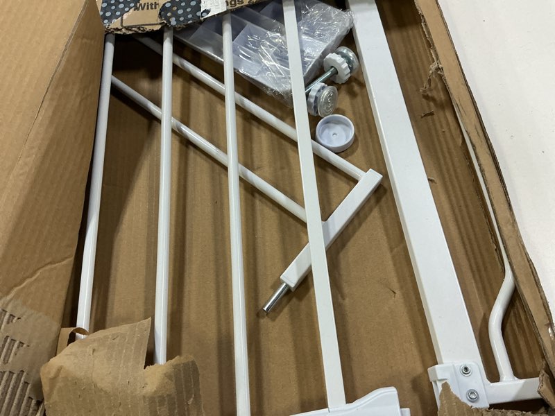 Condition photo showing As Is for baby gate no drilling, 29"-40" auto close dog gate indoor for doorways & stairs, pressure mounted adjustable pet gate, easy walk through child gate for children & pets stroller friendly, white