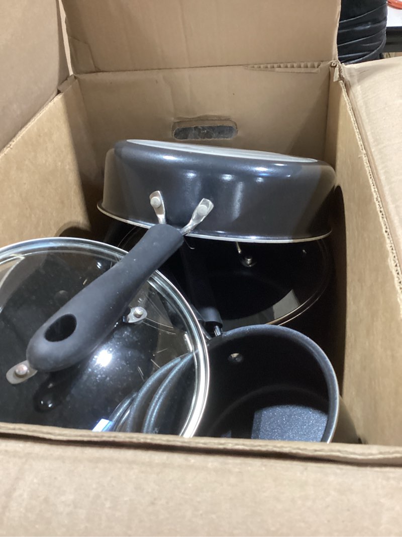 Condition photo showing As Is for cuisinart advantage nonstick cookware set, 11-piece pots and pans cooking set with aluminum core for quick and even heating, easy grip handles, dishwasher safe, 55-11bk black other-size cookware set
