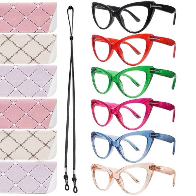 BONCAMOR 6 Pack Fashion Cat Eye Reading Glasses for Women Blue Light Blocking Oversized Spring Hinge