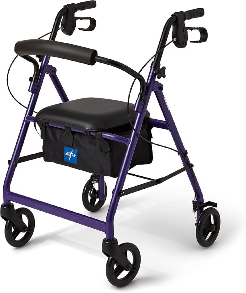 Medline Aluminum Rollator Walker with Seat, Purple, 250 lb. Weight Capacity, Lightweight, 6” Wheels, Foldable, Adjustable Handles, Rolling Walker for Senior