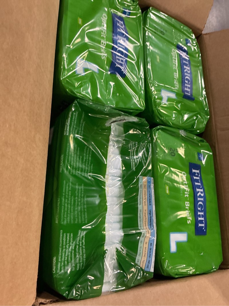 Condition photo showing New/Like New for FitRight Adult Diapers, Extra Heavy Absorbency, L (Waist Size 44in-56in), , OptiFit Incontinence Briefs for Men and Women, Disposable, Moisture Wicking, Leak Protection. Pack of 4
