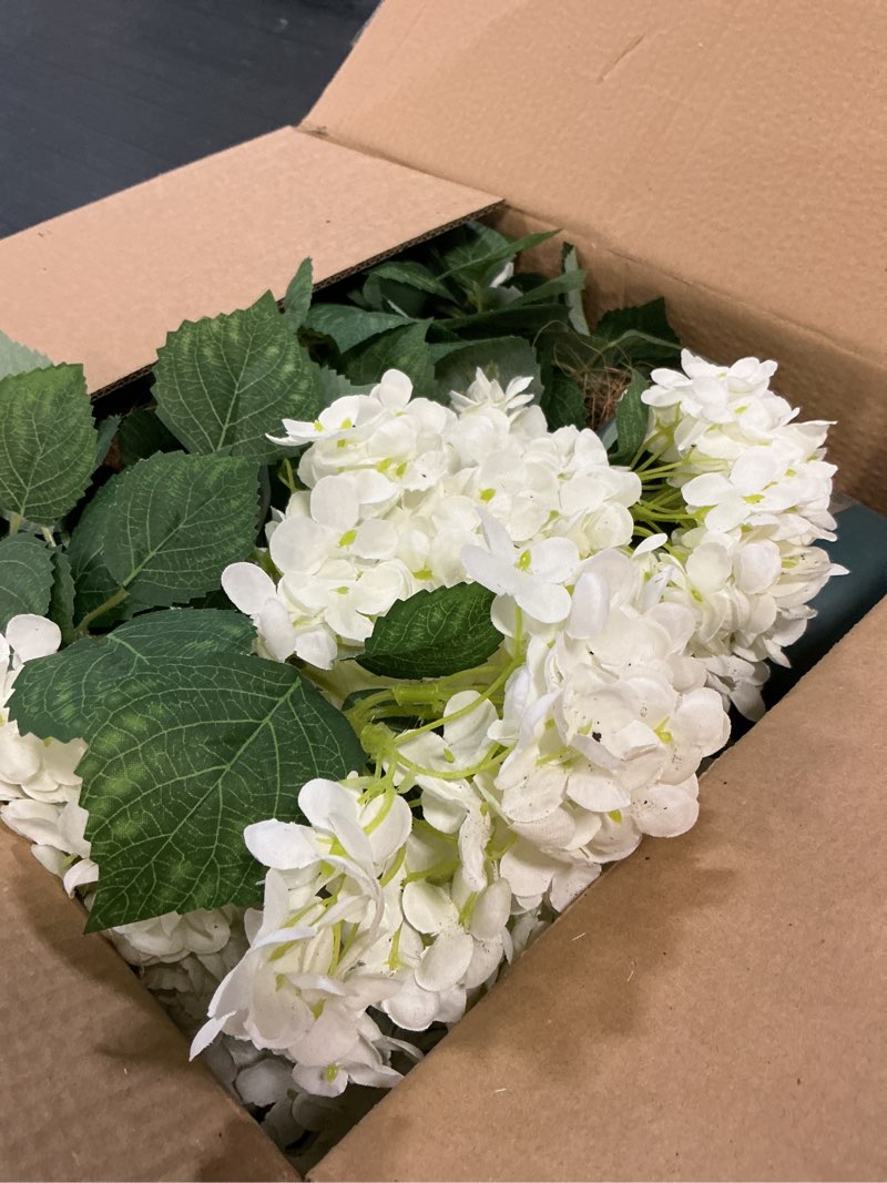 Condition photo showing As Is for faux hydrangea tree 30" tall (2 pack), artificial hydrangea plant in pot with white flowers, realistic hydrangea tree for indoor outdoor porch, patio, home decor
