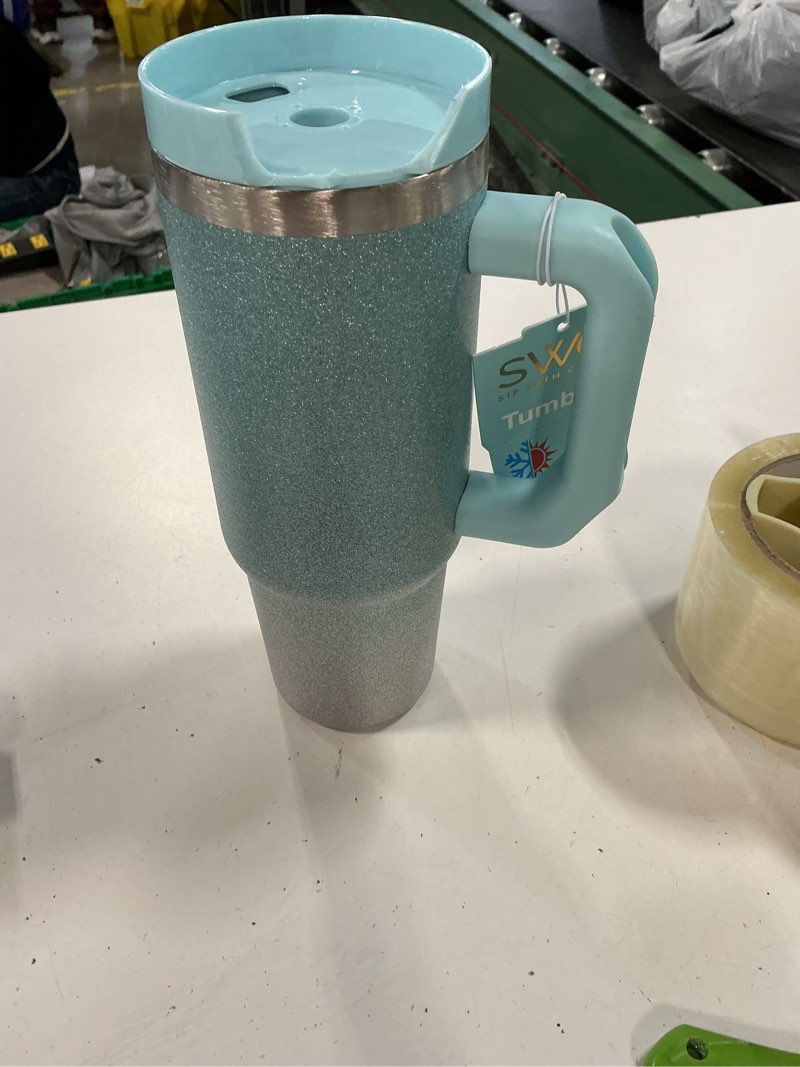 Condition photo showing As Is for 40oz teal & silver glitter tumbler cup w/handle & straw -insulated travel mug