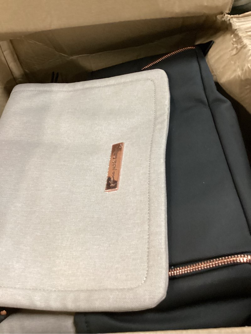 Condition photo showing New/Like New for petunia pickle bottom boxy backpack, diaper bag, stylish baby bag, spacious backpack, on-the-go moms, sand/black