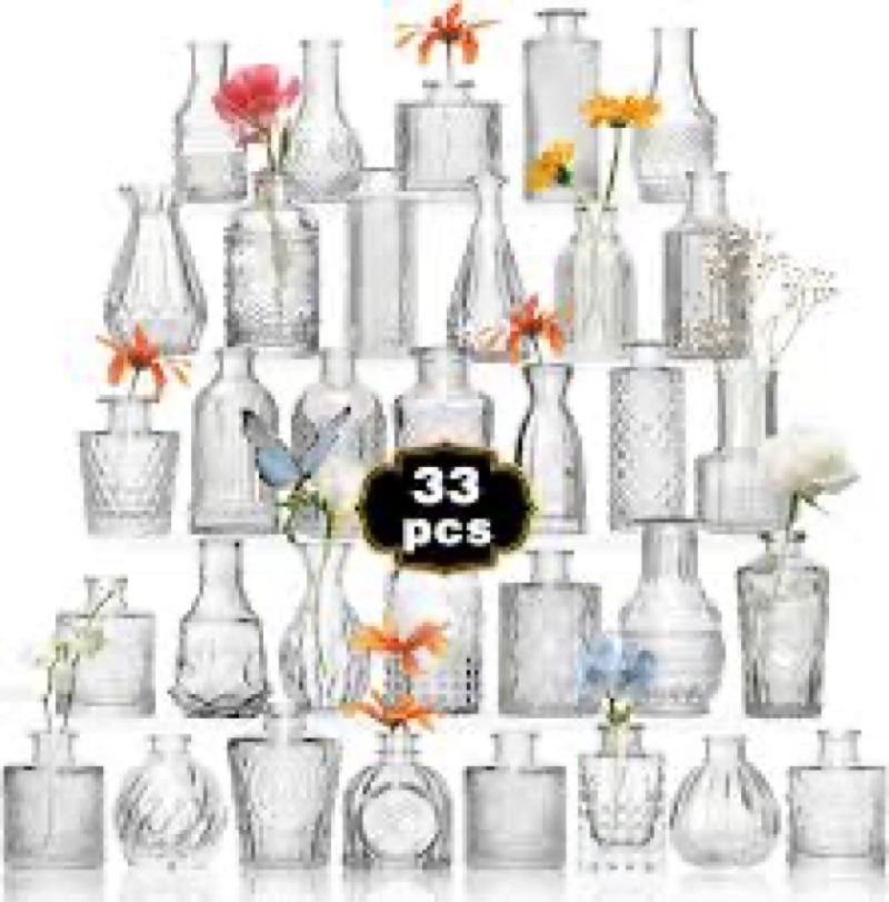 eennyii 33 pcs clear glass bud vase set bulk - vintage rustic wedding centerpieces, home table flowe