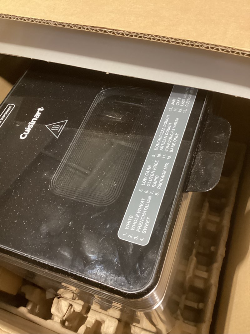 Condition photo showing As Is for Cuisinart Bread Maker Machine, Stainless Steel Convection Bread Machine with 16 Menu Options, 3 Loaf Sizes Up to 2 Lb., 3 Crust Colors, Includes Measuring Cup, Spoon & Kneading Hook, CBK-210 Convection Machine