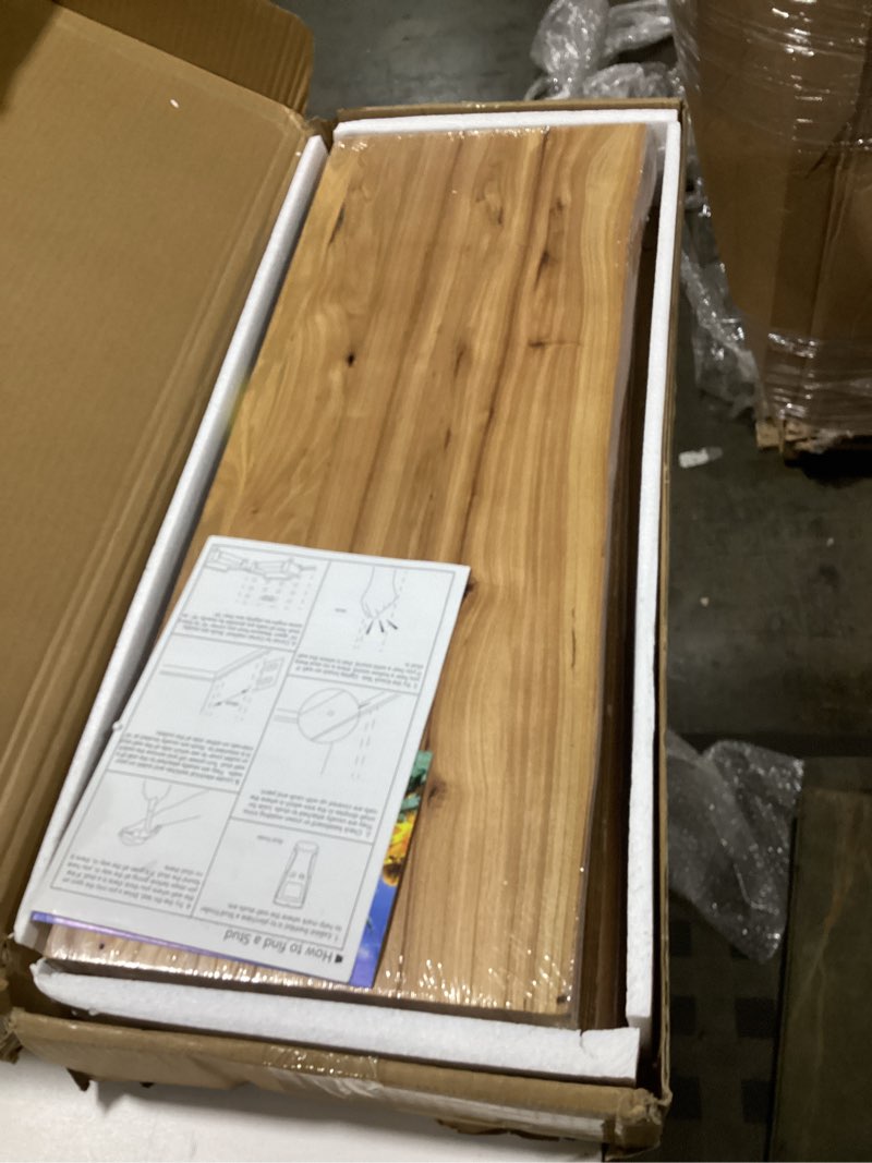 Condition photo showing Good Condition for Fun Memories Floating Shelves for Wall, 24"x9.3" Rustic Solid Elm Wood Floating Shelves, Heavy-Duty Wall Shelf with Invisible Brackets, Set of 2 for Living Room, Bedroom, and Kitchen, Natural Finish Natural Finish Live Edge, 24"W, 2Packs