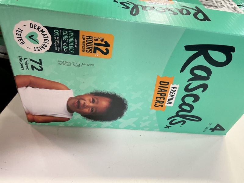 Condition photo showing As Is for rascals premium absorbent baby diapers size 4, 72 count