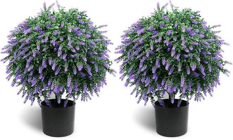 sunnyglade 21.6” tall artificial lavender topiary ball tree set of 3 pack potted bushes uv resistant potted plants for indoor outdoor home garden(purple)