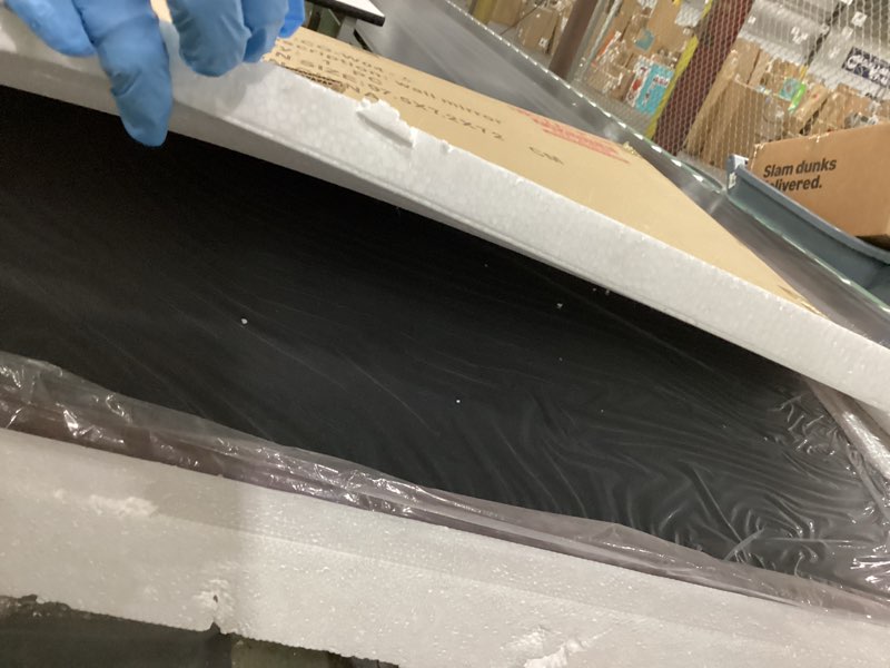 Condition photo showing New/Like New for COGOOD Farmhouse Barn Door Mirror - 25 x 38 Rustic Bathroom Mirror for Living Room, Entryway, Vanity Wall Decor (Espresso) Espresso 38"L x 25"W