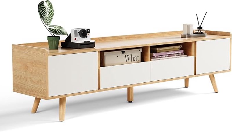 linsy home tv stand for 78 inch tv, mid century modern entertainment center with drawers, doors, and storage shelves, media cabinet with anti-drop fence, tv console for living room, bedroom