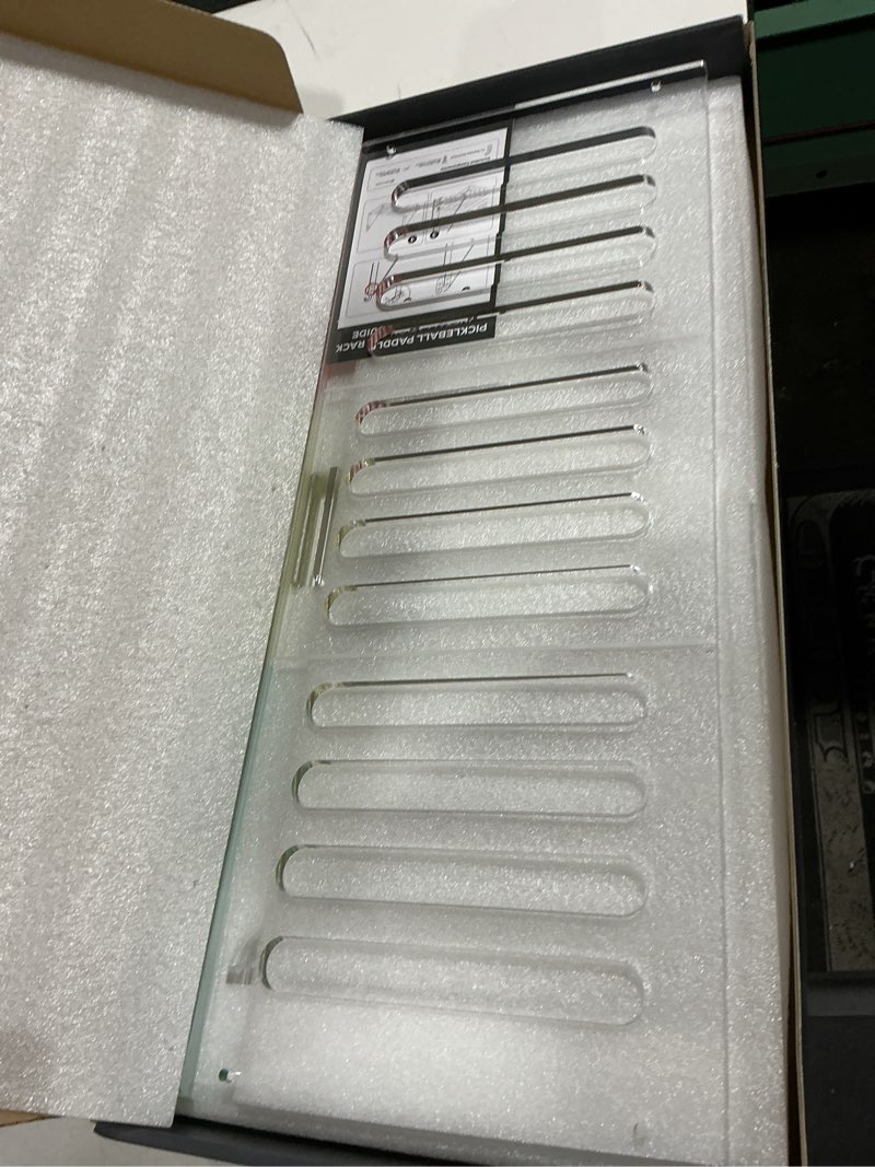 Condition photo showing Good Condition for lifelaza acrylic pickleball paddle rack, premium pickleball paddle holder holds 12 paddles, next up slider tracker rotation rack paddle up system, fence mount racket rack holder