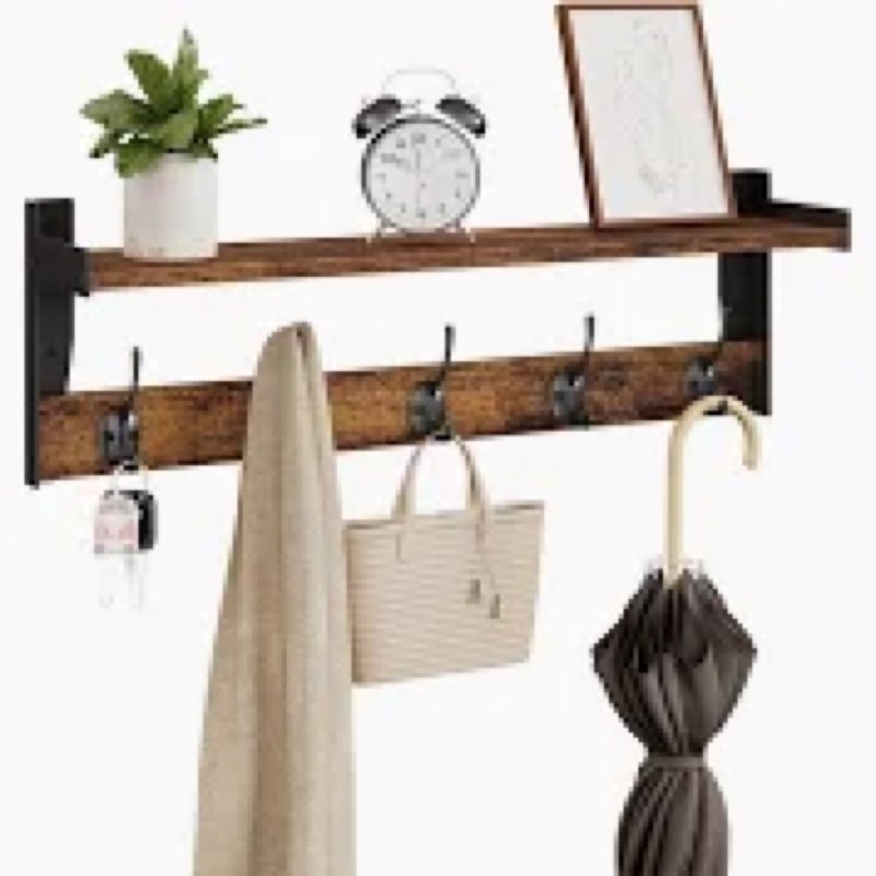 FNBAR Coat Rack with Wall Mount, 23 Inch Long Entryway Wall Shelf with Hooks, Wood Hanger with Stora
