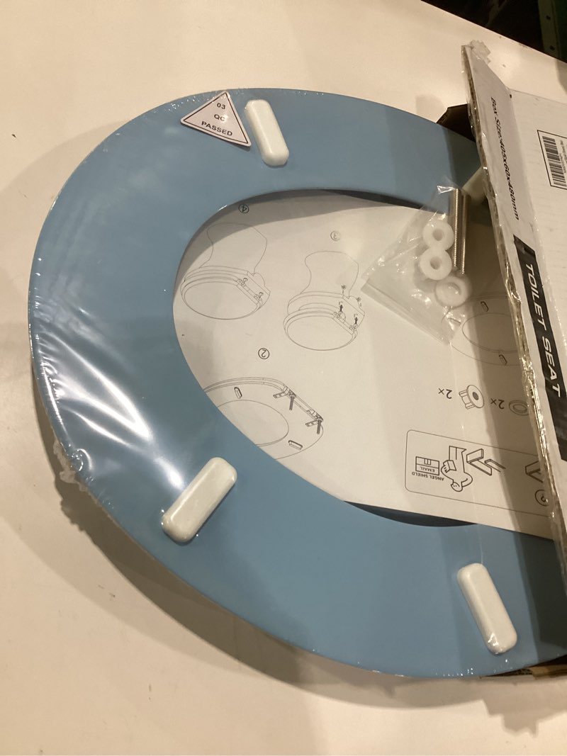 Condition photo showing New/Like New for blue round toilet seat natural wood toilet seat with zinc alloy hinges, easy to install also easy to clean, scratch resistant toilet seat by angol shiold (round, blue) round blue