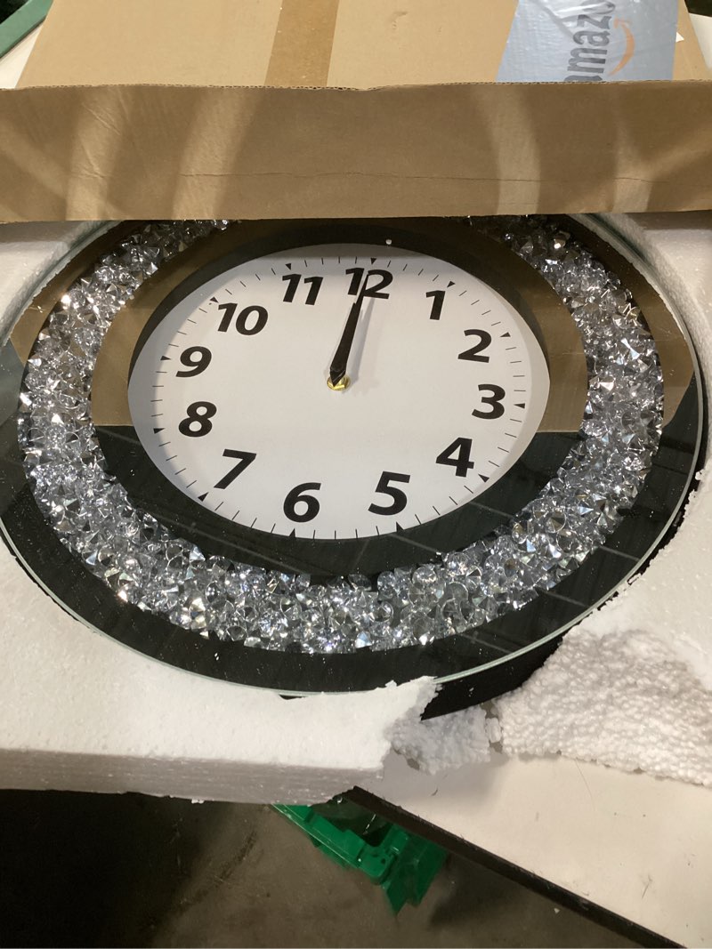 Condition photo showing Good Condition for DMDFIRST Crystal Crushed Diamond Mirrored Round Wall Clock 16x16x2 inches for Wall Decoration Silver Glass Mirror Clock Sparkle Twinkle Bling Home Decor. AA Battery is not Included. Crystal Silver