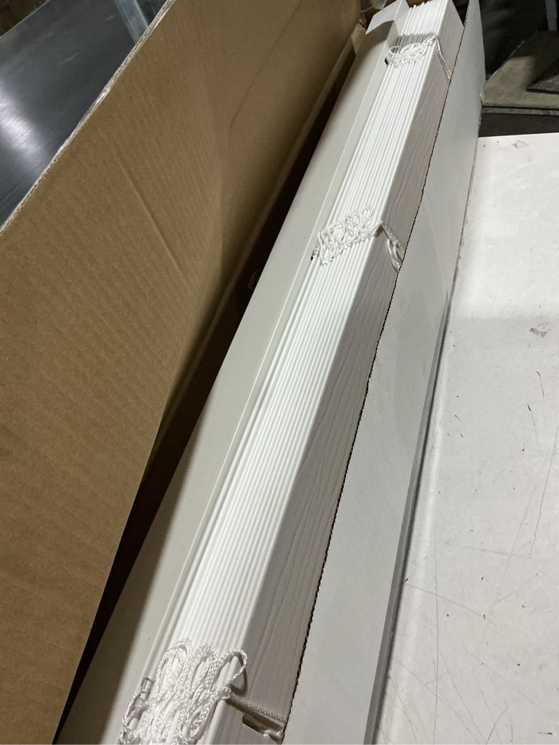 Condition photo showing As Is for better homes & gardens 2" cordless faux wood horizontal blinds, white, 35x64