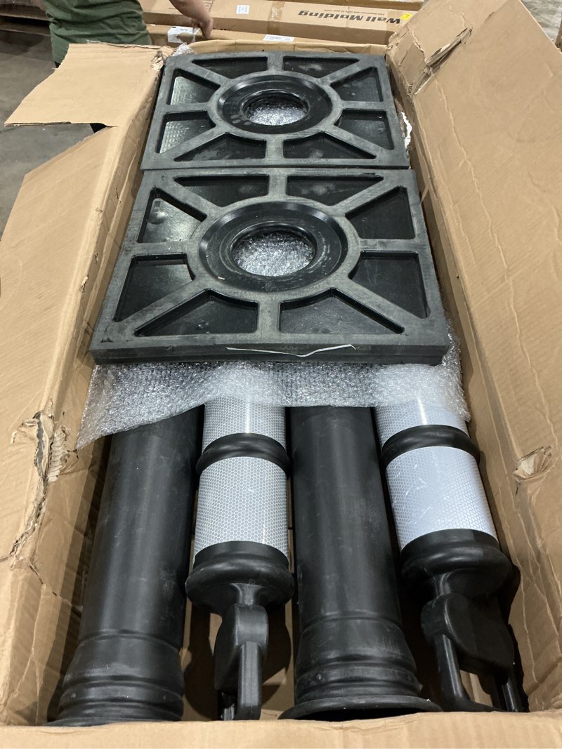 Condition photo showing As Is for 4 set traffic delineator posts 49 inch height, pe delineator post with 15lbs rubber base portable parking pole traffic cone barrier with removable base, reflective band(black)