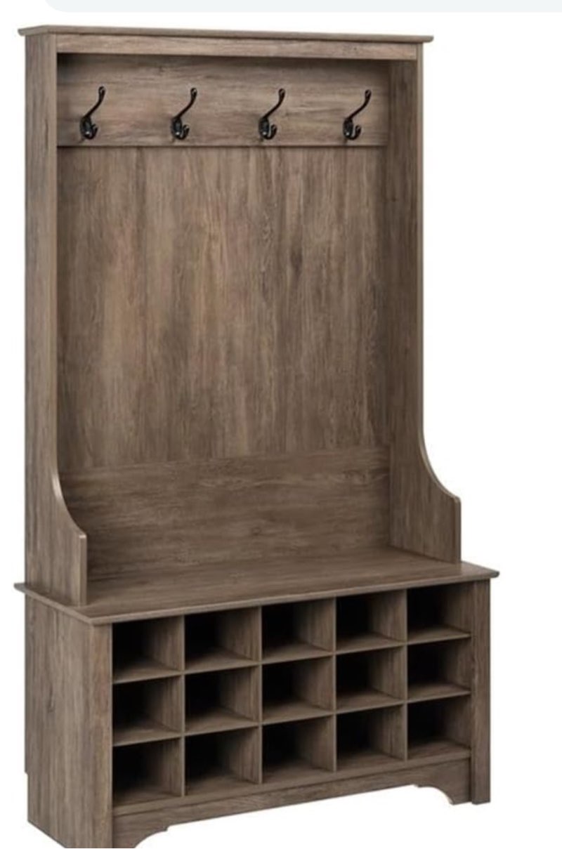 Prepac Entryway Organizer with 4 Coat Hooks, Coat Rack Hall Tree with Bench and Coat Storage, Furniture for Entryway with 15 Cubbies for Shoe Storage