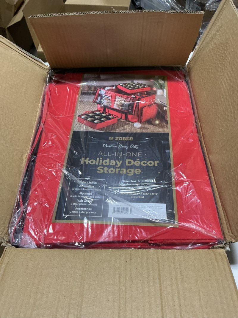 Condition photo showing Good Condition for ZOBER All in One Christmas Ornament Storage Box & Decoration Container - Easy Access Removable Trays, Keeps 73 Ornaments - Adjustable Extent Area for Figurines and Pockets for Decoration - Red