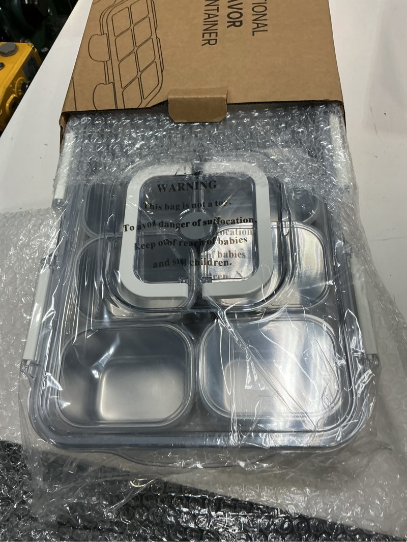 Condition photo showing New/Like New for snackle box container, stainless steel snack box with individual lids and handle, portable 6 removable compartments snack tray for travel party beach picnic 6 compartments