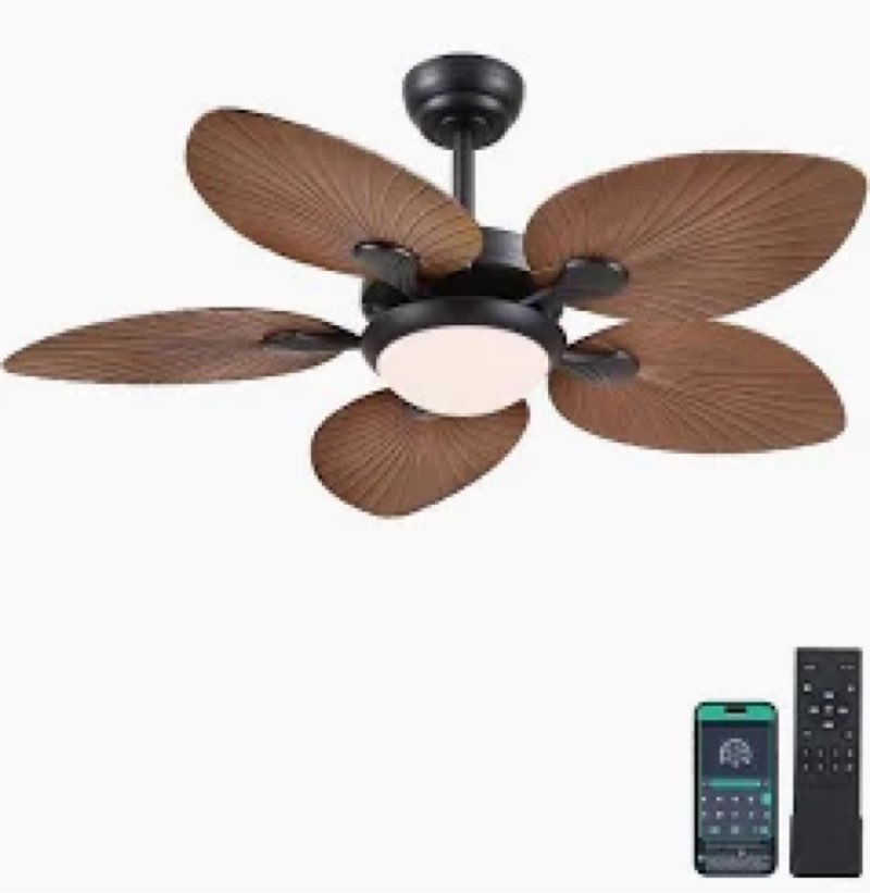 outdoor 52" ceiling fan tropical palm tree leaf nautical coastal patio light orb