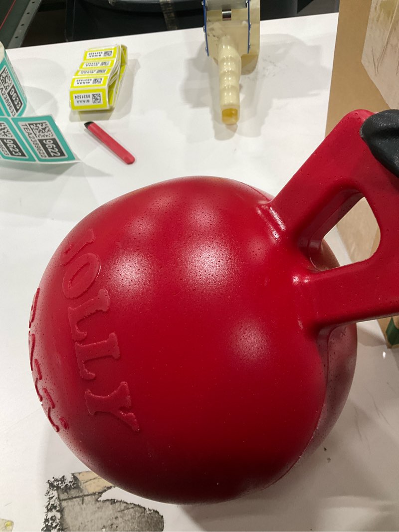 Condition photo showing As Is for Jolly Pets Tug-n-Toss Heavy Duty Dog Toy Ball with Handle, 8 Inches/Large, Red (408 RD) Red Large (8 in)