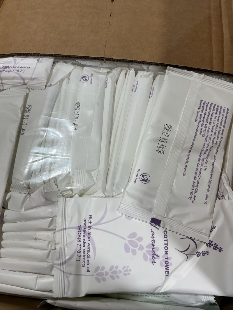 Condition photo showing Good Condition for twoworld 240 moist cotton towel bulk moist towelettes individually wrapped | white towel services,refreshment pre moistened towels lavender,green tea,lemon,cucumber scent for travel sport 8.7" x 8.7" lavender, green tea, lemon, and cucumber 1 count (pack of 240)