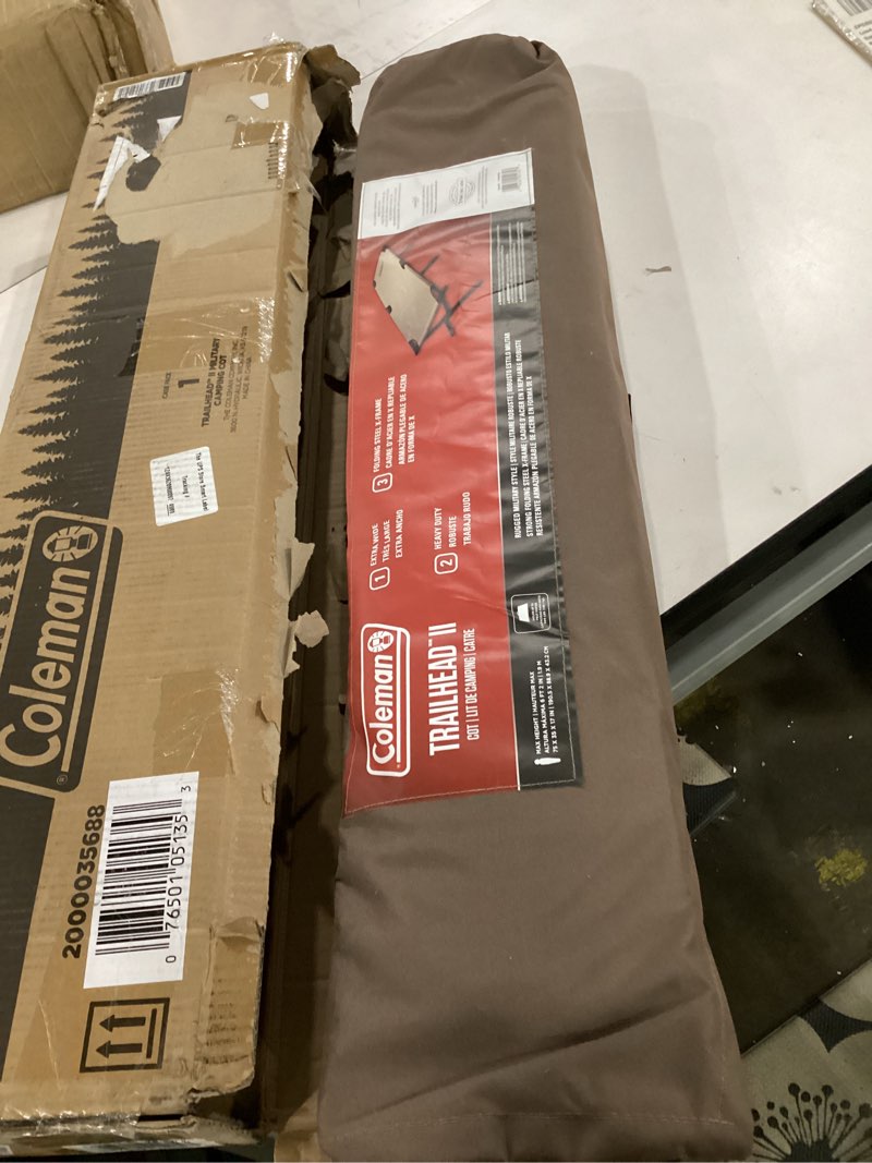 Condition photo showing Good Condition for coleman trailhead ii large folding cot with easy setup & takedown, supports adults up to 6ft 2in or 300lbs, great for camping, lounging, elevated sleeping, guests, & more military camping cot
