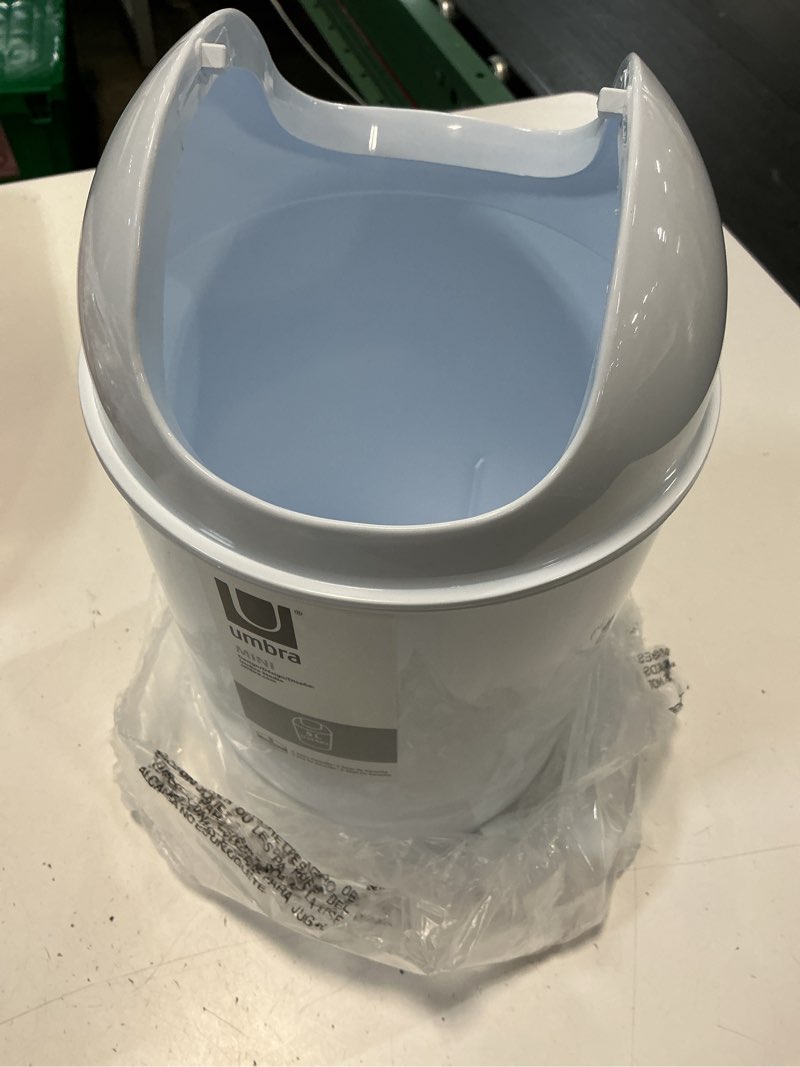 Condition photo showing As Is for umbra mini 1-1/2-gallon swing-top waste can, white