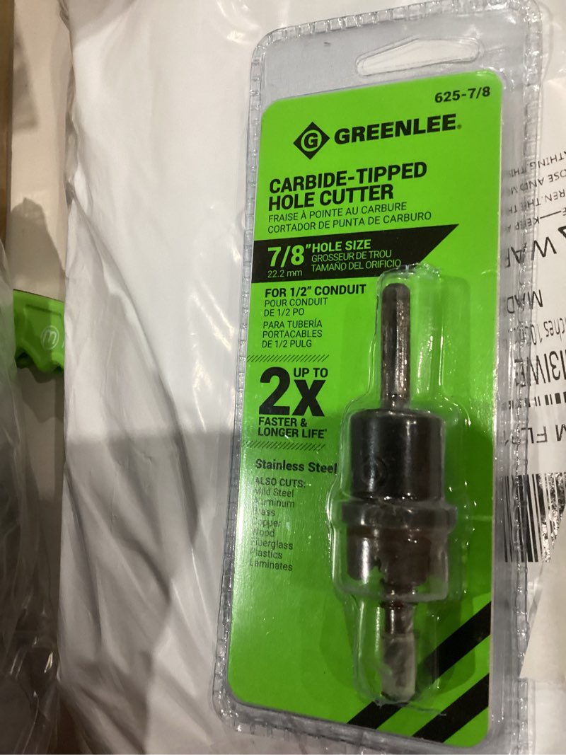 Condition photo showing New/Like New for greenlee 625-7/8 durable one-piece carbide-tipped hole cutter for 1/2" conduit, 7/8" stainless steel metal cutting hole saw with tungsten carbide teeth 7/8-inch