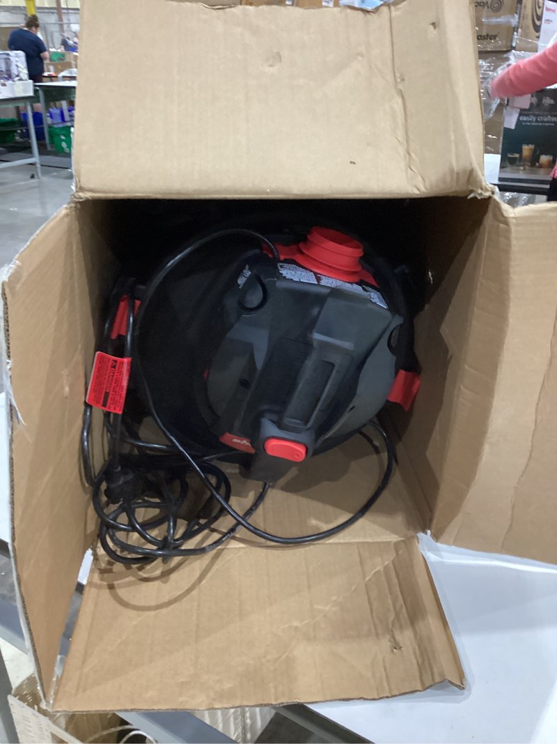 Condition photo showing As Is for shop-vac 5761311 12-gallon wet/dry shop vacuum, 6 peak hp, 1.5 inch diameter x 7 foot hose, 20 foot cord, ideal for home, garage, and workshop cleaning