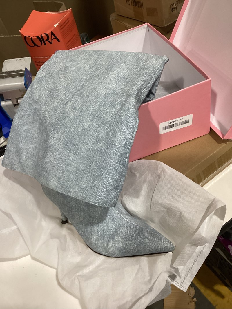 Condition photo showing As Is for women's wide calf thigh high heeled boots stiletto cone heel boots pointed toe pull on black boot heels for women 8.5 denim blue