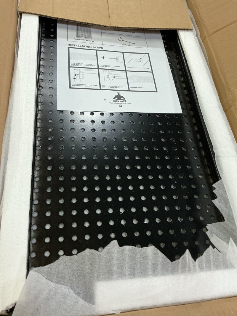 Condition photo showing New/Like New for 48x24 inch metal pegboard wall organizer, black pegboard panels tool organizer kit with accessories hooks and bins, peg board utility tool storage for garage workbench shed