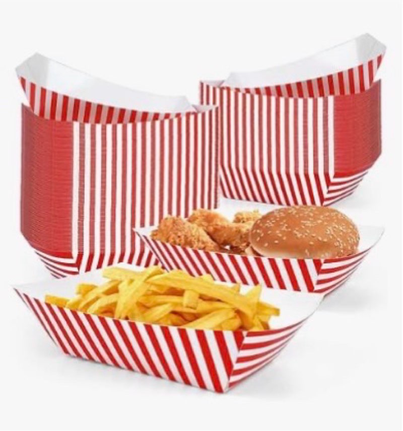 RMERVE 50 Pcs Bulk Striped Carnival Party Paper Food Trays, Disposable Carnival Circus Decorations, 