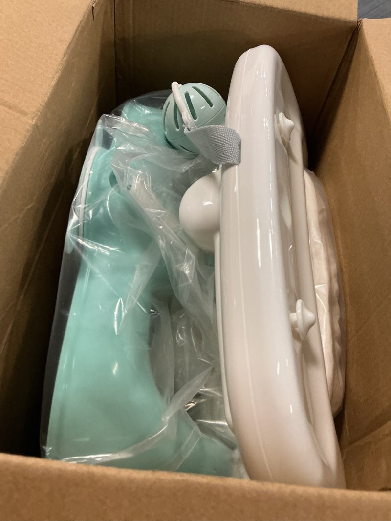 Condition photo showing Good Condition for babybond baby bath seat with sitting & lying 2 modes, 3-speed adjustment, powerful suction cups, infant bathtub chair with soft and comfortable towel, folding and hanging green