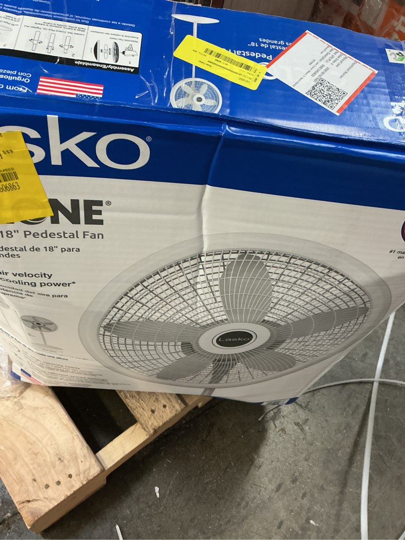 Condition photo showing As Is for lasko cyclone 18" 3-speed adjustable oscillating pedestal fan, white, s18931