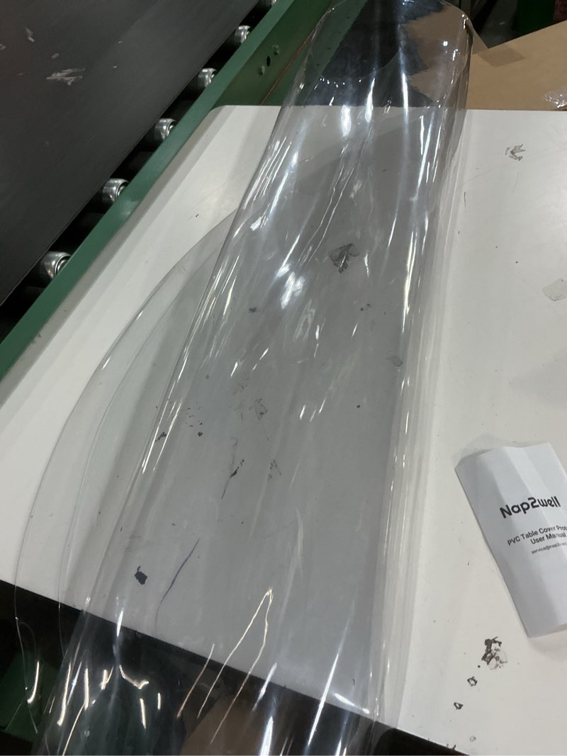Condition photo showing As Is for 36 x 60 inch clear table cover protector oval, 1.5mm transparent plastic table protector waterproof, anti-scratch clear desk mat for office desktop dresser dining table, fda compliant