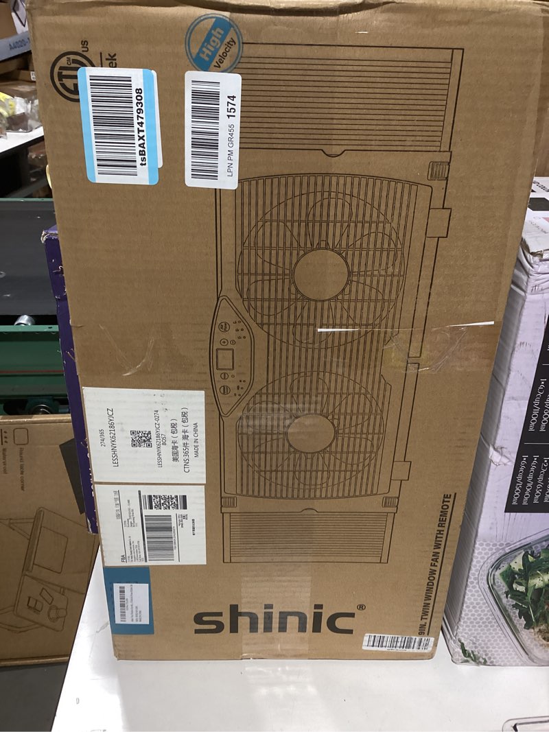 Condition photo showing Good Condition for shinic twin window fan with reversible airflow, window fan with thermostat and led display, 3 speeds, remote control and foam sealing tape offered, 23.8" - 37" expandable width for home kitchen use