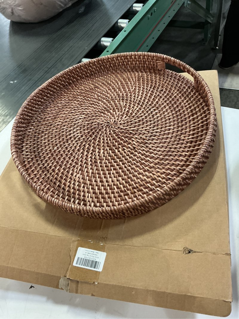 Condition photo showing Good Condition for 16.9 inch Rattan Tray, Round Wicker Tray with Cut-Out Handles, Woven Serving Tray for Dining/Coffee 
