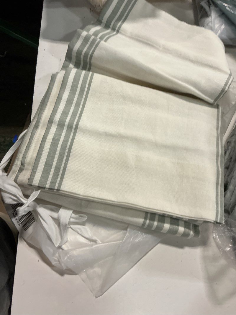 Condition photo showing Good Condition for coastal stripe linen cotton room darkening curtain - single panel color: ivory/sage green size: 48x84 lining: room darkening