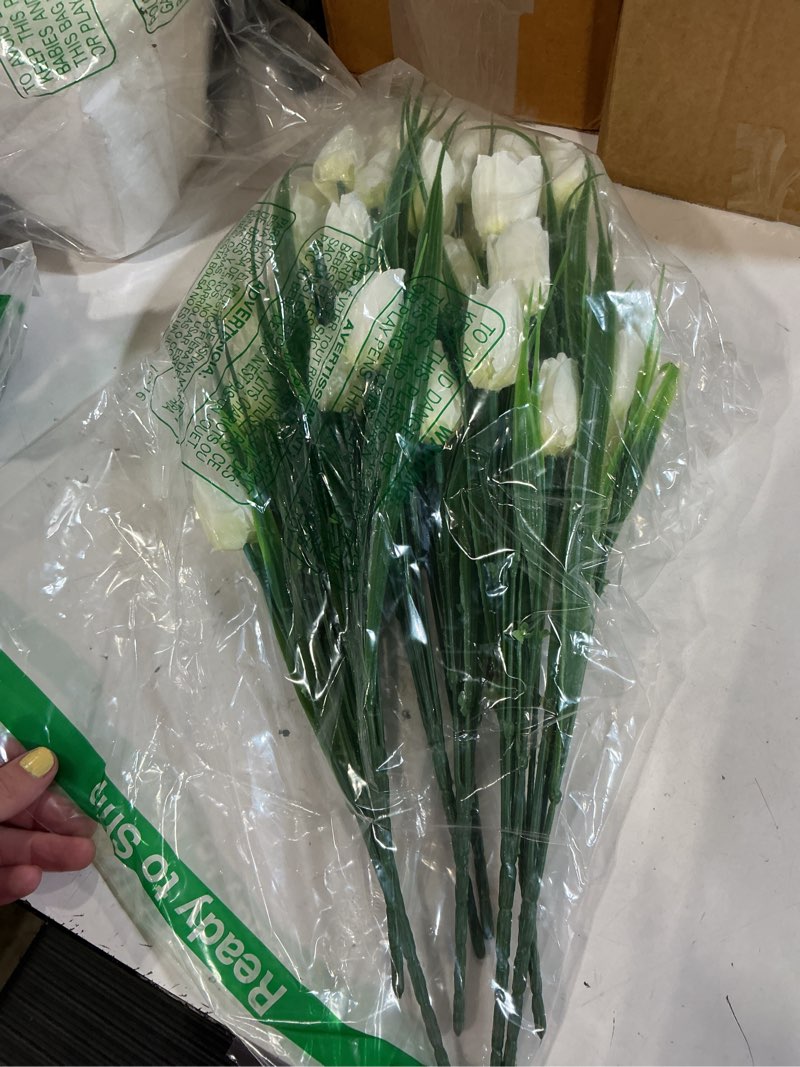 Condition photo showing Good Condition for 8 bundles outdoor artificial tulips fake flowers uv resistant faux plastic greenery shrubs plants for home outside garden porch window farmhouse decor (white)