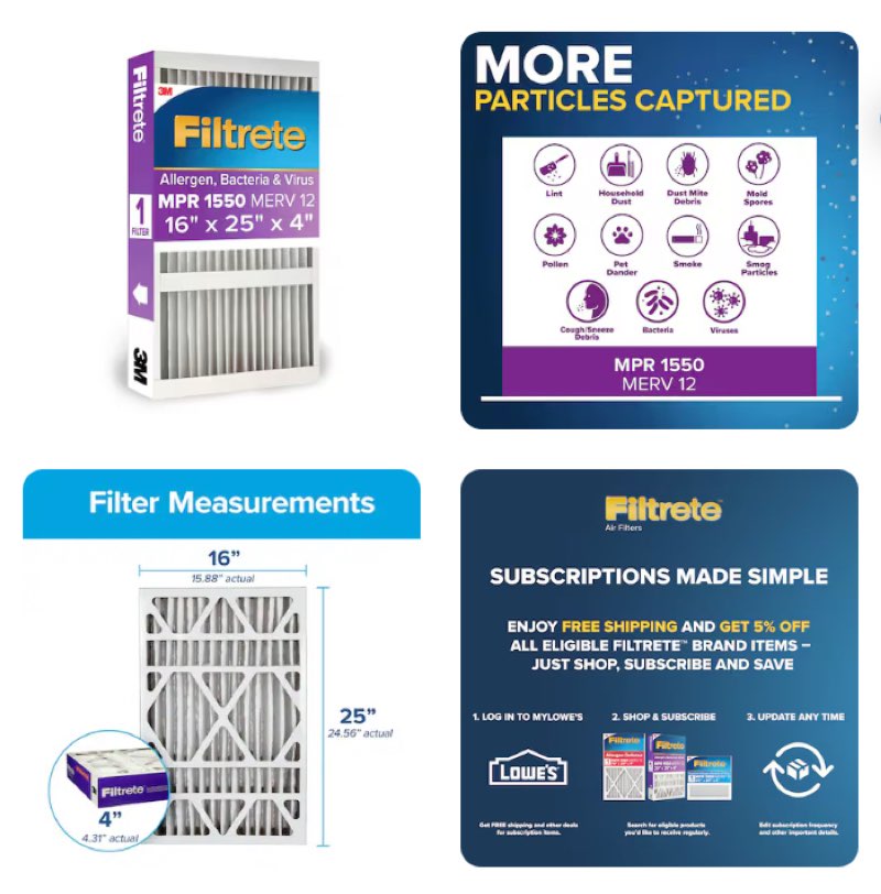 filtrete 16 x 25 x 4 merv 12 1550 mpr allergen, bacteria and virus electrostatic pleated air