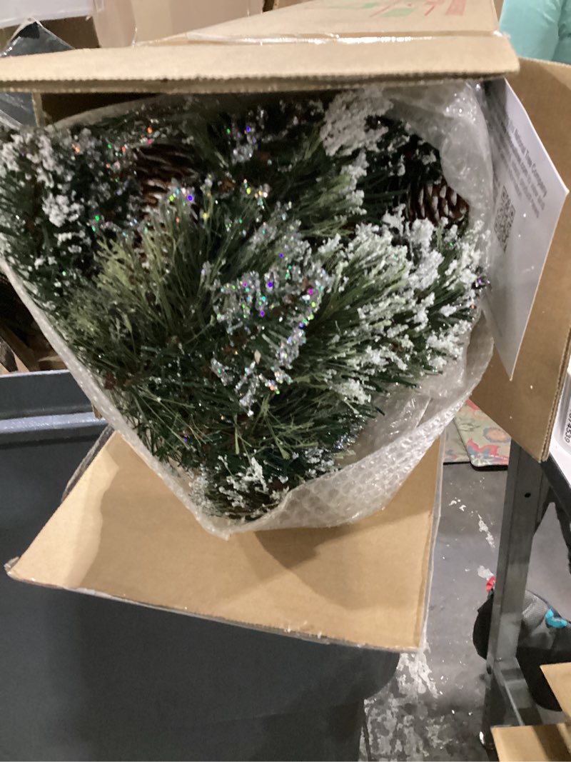 Condition photo showing item condition for national tree company pre-lit artificial christmas garland, green, glittery bristle pine, white lights, decorated with pine cones, frosted branches, plug in, christmas collection, 9 feet