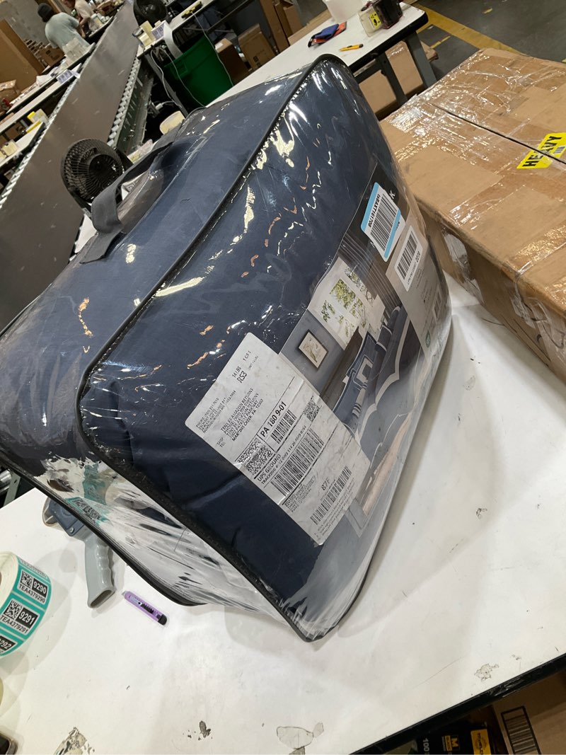 Condition photo showing New/Like New for madison park cozy comforter set-deluxe hotel collection, all season down alternative luxury bedding with matching shams, decorative pillows, king(104"x92"), genevieve, navy 7 piece king(104"x92") navy