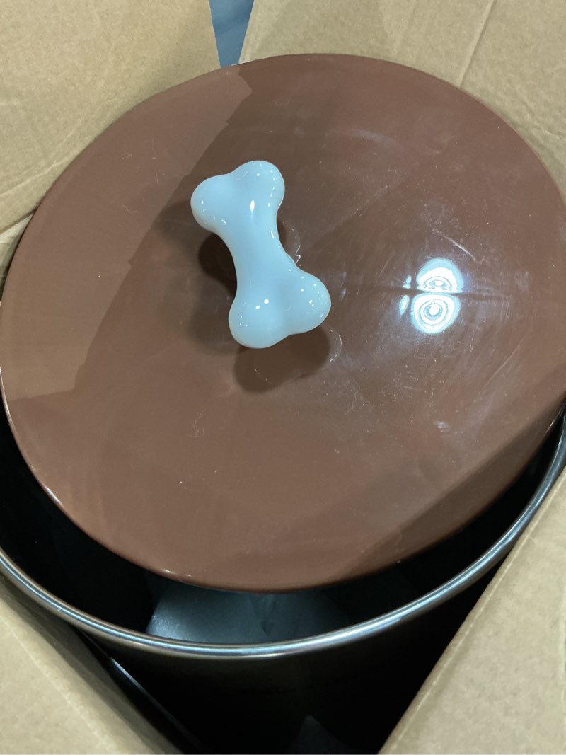 Condition photo showing As Is for 35 Lbs Stainless Steel Dog Food Storage Container with Airtight Lid & Ceramic Bone Handle, Large Metal Dog Food Bin for Dogs & Cats, Keep Fresh, Easy to Clean