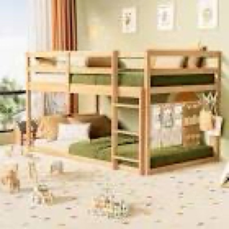 (Incomplete) Twin Over Twin Bunk Bed, Solid Wood House Bed Frame Built in Ladder & Safety Guardrails, Floor Bunk Bed for Kids Teens Juniors