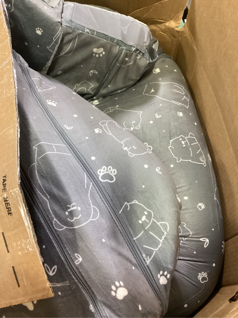 Condition photo showing As Is for portable toddler travel bed – foldable soft foam floor crib with washable cover, built-in safety rails, no assembly, compact for travel & home use, grey light grey