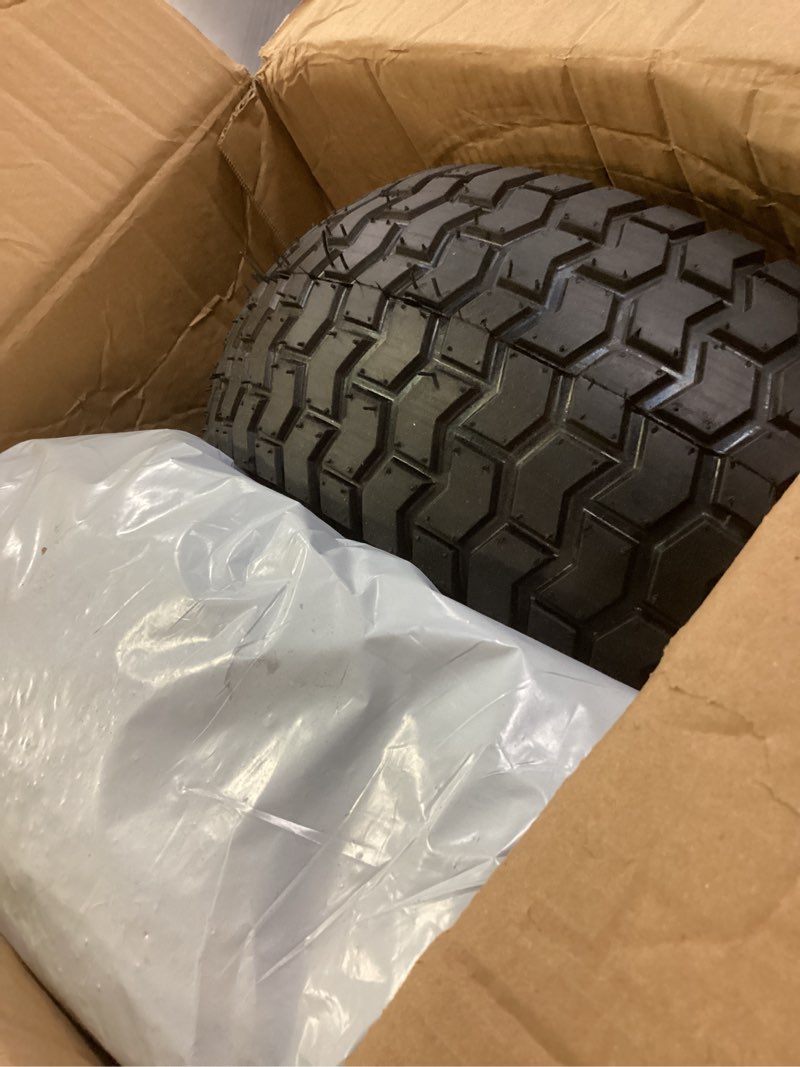 Condition photo showing Good Condition for 2-pack 16x6.50-8 tubeless tires and wheels, 3/4-inch bearingswith extra 1-inch bushings, 3"-5" offset hub, 550 lbs load capacity, fits 3/4" and 1" axles for riding mowers, lawn tractors, and more. 2pc 16x6.5-8 tubless